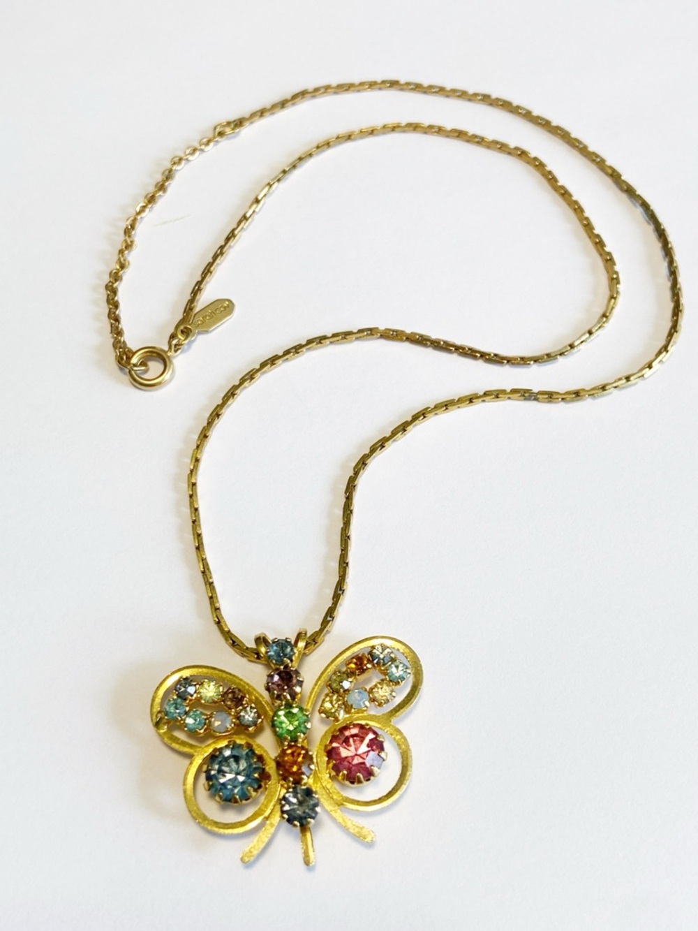 Vintage Sarah Coventry Gold Butterfly Pendant Necklace with Multi-color Crystals